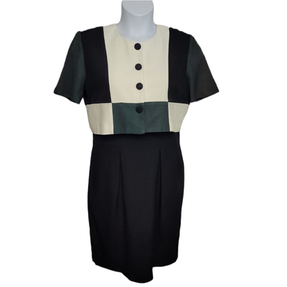 VINTAGE 80s dress color block‎ short sleeve secretary office business casual M